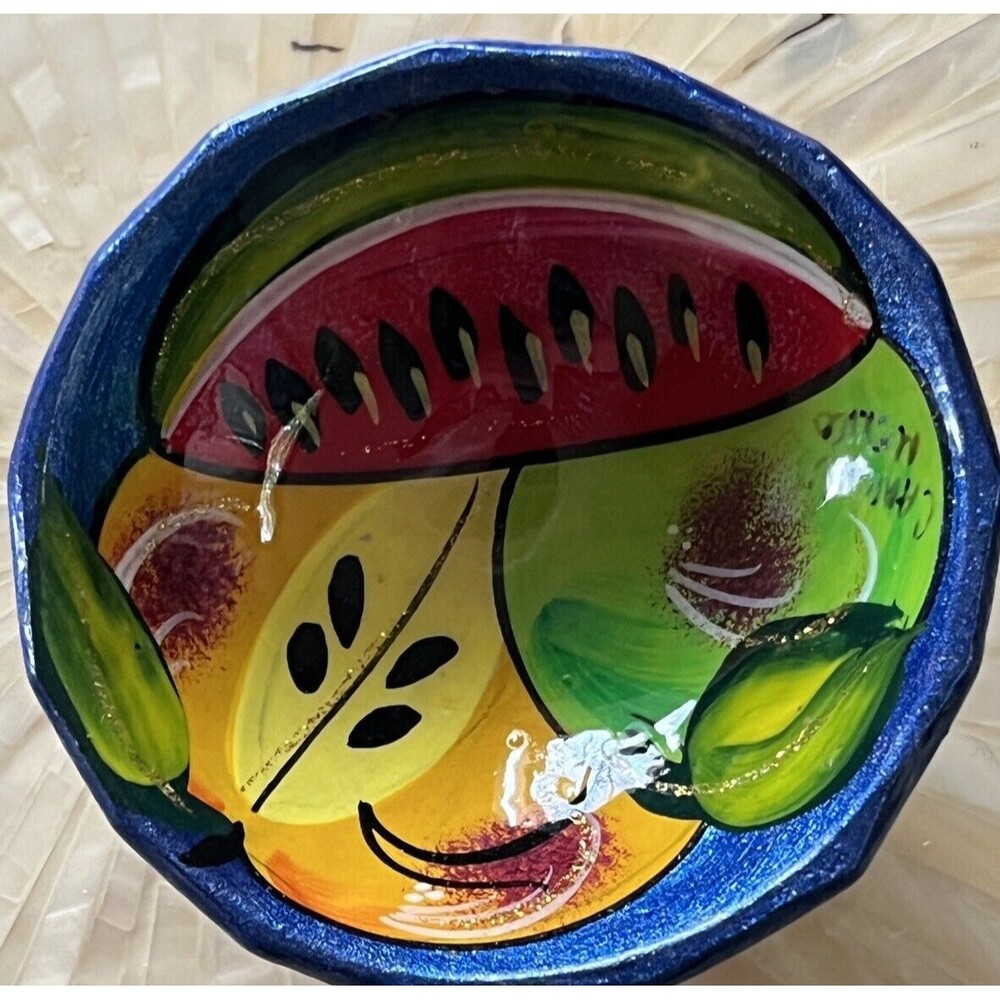 Mexican Terracotta Clay Painted Fruit Pottery Footed Salsa Bowl Trinket Dish New